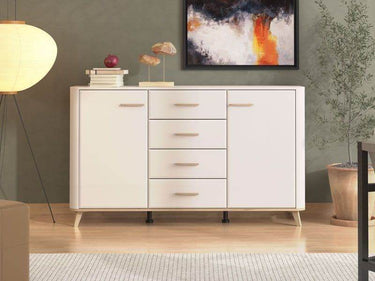 Dariqon Cashmere and Oak Effect 154cm Sideboard with 2 Doors and 4 Drawers - UK Luxury Furniture